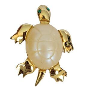 Trifari Crown Over T Gold Tone Plastic Pearl Shell Turtle Pin, Signed K27